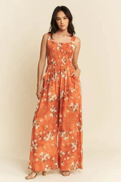 Davi & Dani Floral Ruffle Square Neck Smocking Bodice Jumpsuit - Purcell's Clothing Company