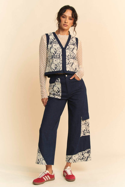 Davi & Dani Lace Patch Open Front Denim Vest - Purcell's Clothing Company