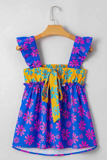 Floral Colorblock Flutter Straps Flowy Tank Top - Purcell's Clothing Company