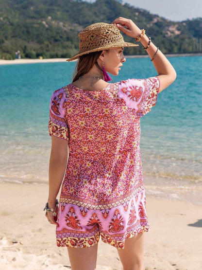 Printed V-Neck Short Sleeve Romper - Purcell's Clothing Company