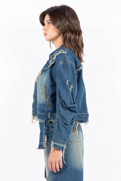 American Bazi Full Size Distressed Frayed Edge Zip Up Denim Jacket Plus Size - Purcell's Clothing Company