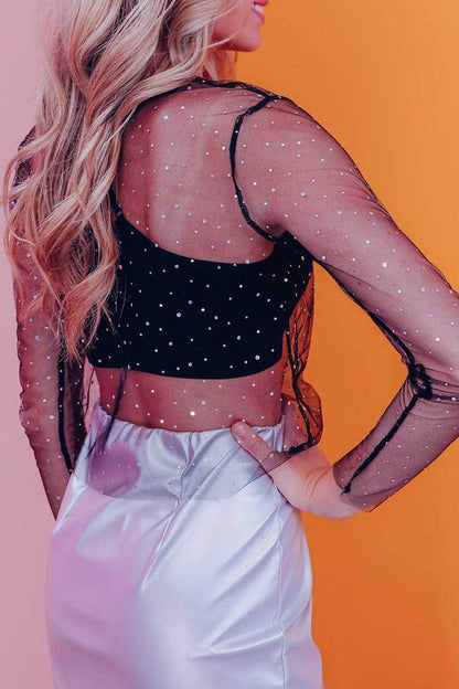 Rhinestone Mesh Round Neck Long Sleeve Blouse - Purcell's Clothing Company