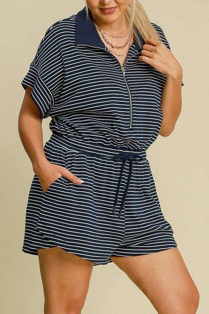 Umgee Full Size Half Zip Striped Romper Plus Size - Purcell's Clothing Company