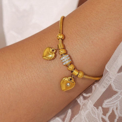 18K Gold-Plated Rhinestone Heart Charm Bracelet - Purcell's Clothing Company