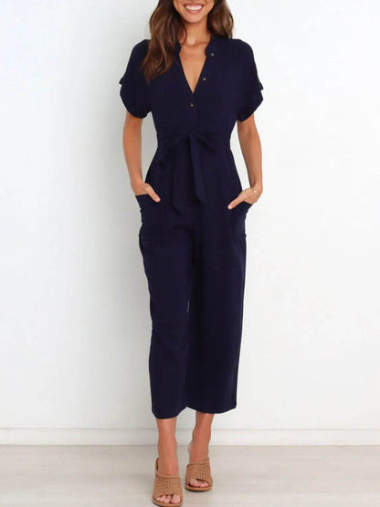 Notched Short Sleeve Tie Waist Jumpsuit - Purcell's Clothing Company