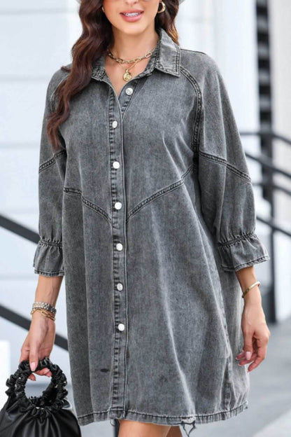 Distressed Collared Neck Flounce Sleeve Denim Dress - Purcell's Clothing Company