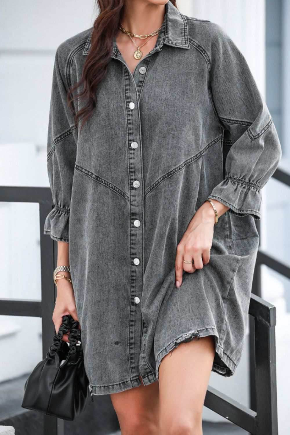 Distressed Collared Neck Flounce Sleeve Denim Dress - Purcell's Clothing Company