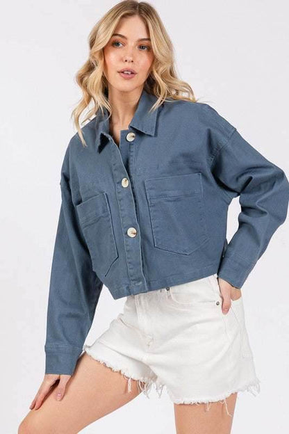 bytos Button Down Cropped Denim Jacket with Patch Pockets - Purcell's Clothing Company