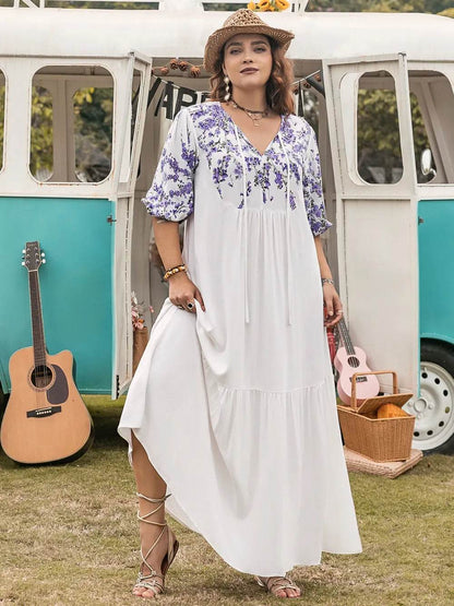 Plus Size Printed Tie Neck Half Sleeve Maxi Dress - Purcell's Clothing Company