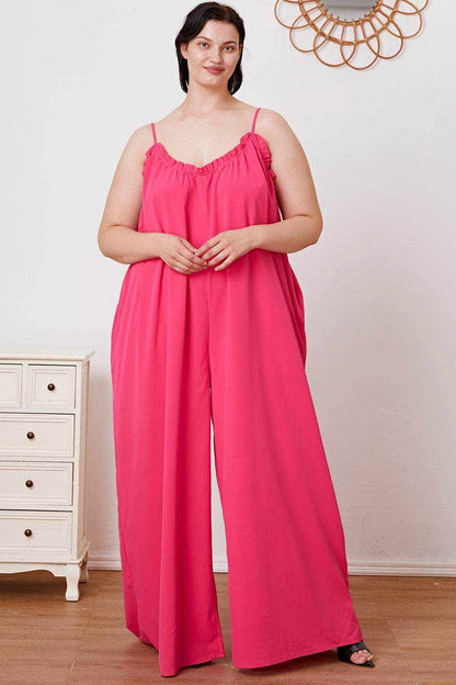 Double Take Full Size Ruffle Trim Tie Back Cami Jumpsuit with Pockets - Purcell's Clothing Company