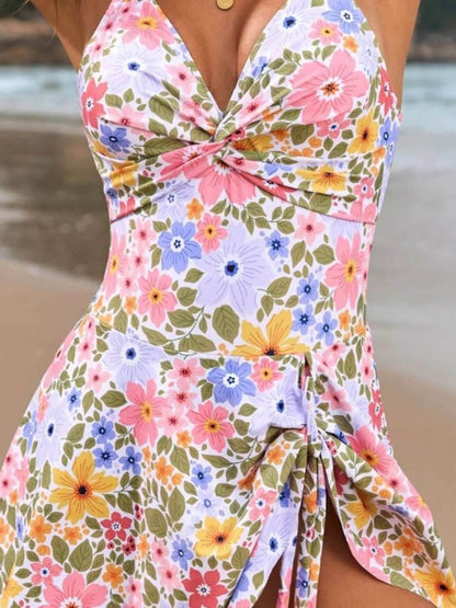 Twisted Front Crisscross Double Spaghetti Strap One-Piece Swimwear - Purcell's Clothing Company