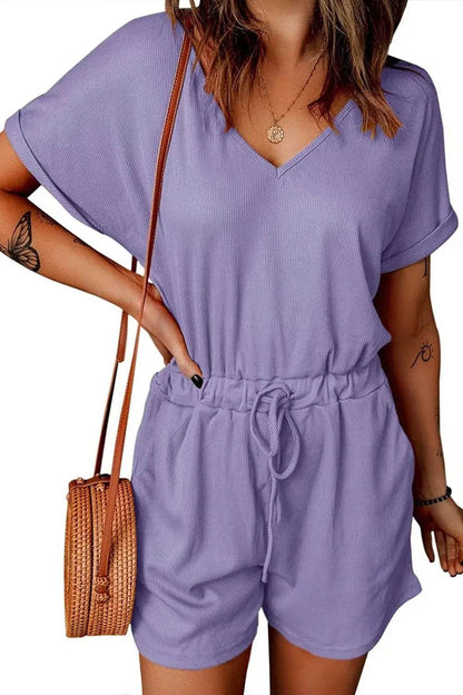 Full Size Drawstring V-Neck Short Sleeve Romper - Purcell's Clothing Company