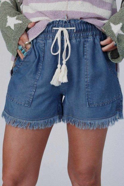 Raw Hem Drawstring High Waist Denim Shorts with Pockets - Purcell's Clothing Company