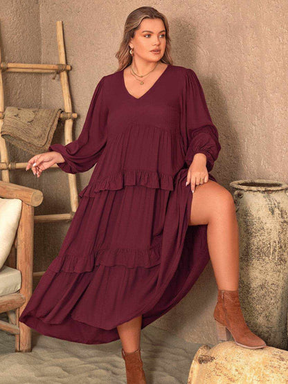 Plus Size Ruffled V-Neck Long Sleeve Dress - Purcell's Clothing Company