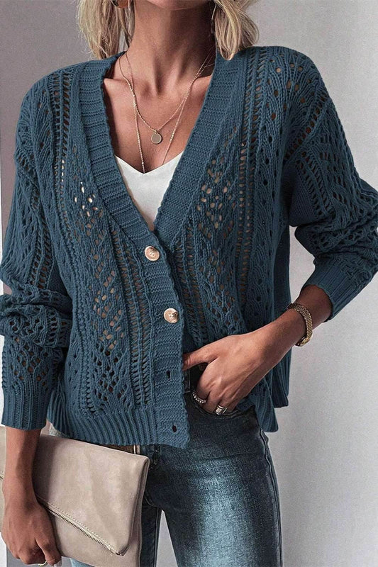Openwork Button Up Long Sleeve Cardigan - Purcell's Clothing Company