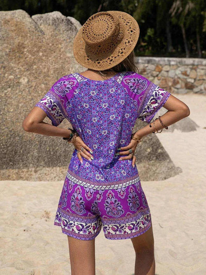Tied Printed Short Sleeve Romper - Purcell's Clothing Company