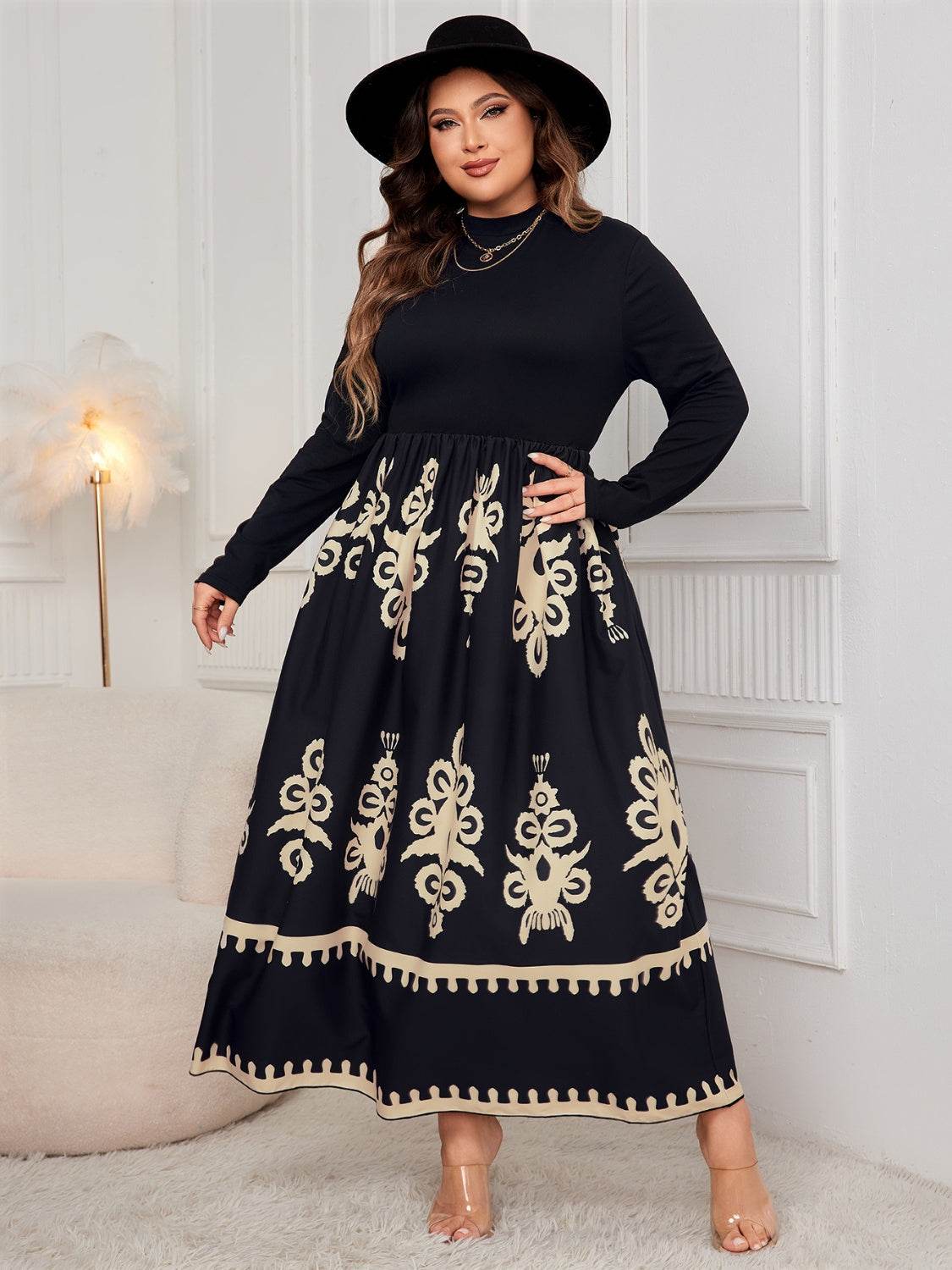 Honey Plus Size Printed Mock Neck Long Sleeve Dress - Purcell's Clothing Company