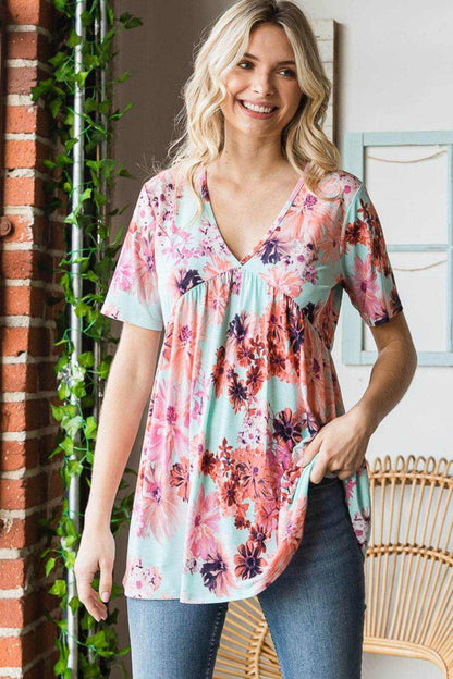 Heimish Full Size Floral V-Neck Short Sleeve Babydoll Blouse - Purcell's Clothing Company