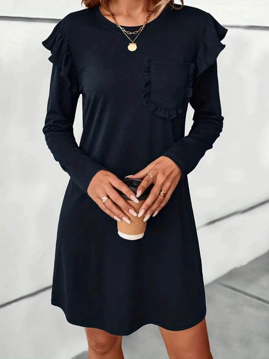 Ruffled Round Neck Long Sleeve Mini Dress - Purcell's Clothing Company