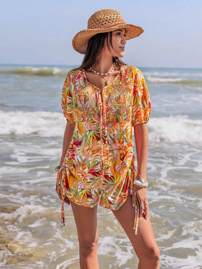 Smocked Printed Tie Neck Romper - Purcell's Clothing Company