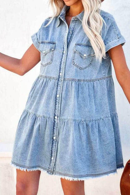 Raw Hem Button Down Denim Mini Dress - Purcell's Clothing Company