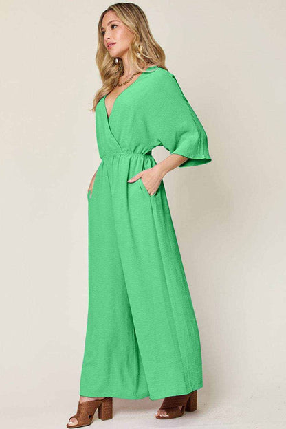 Double Take Full Size Surplice Wide Leg Jumpsuit with Pockets - Purcell's Clothing Company