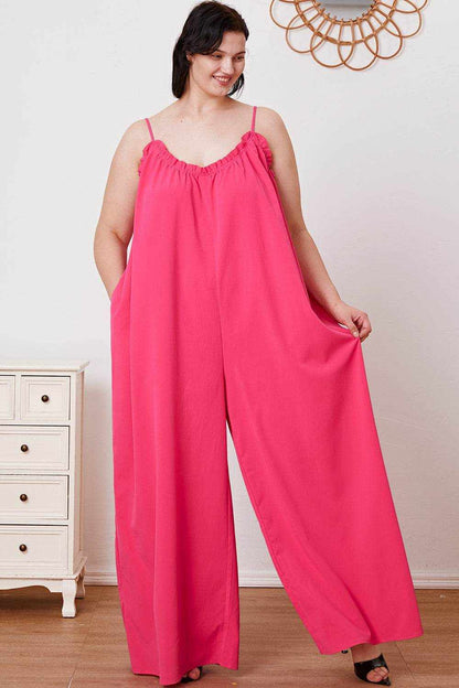 Double Take Full Size Ruffle Trim Tie Back Cami Jumpsuit with Pockets - Purcell's Clothing Company