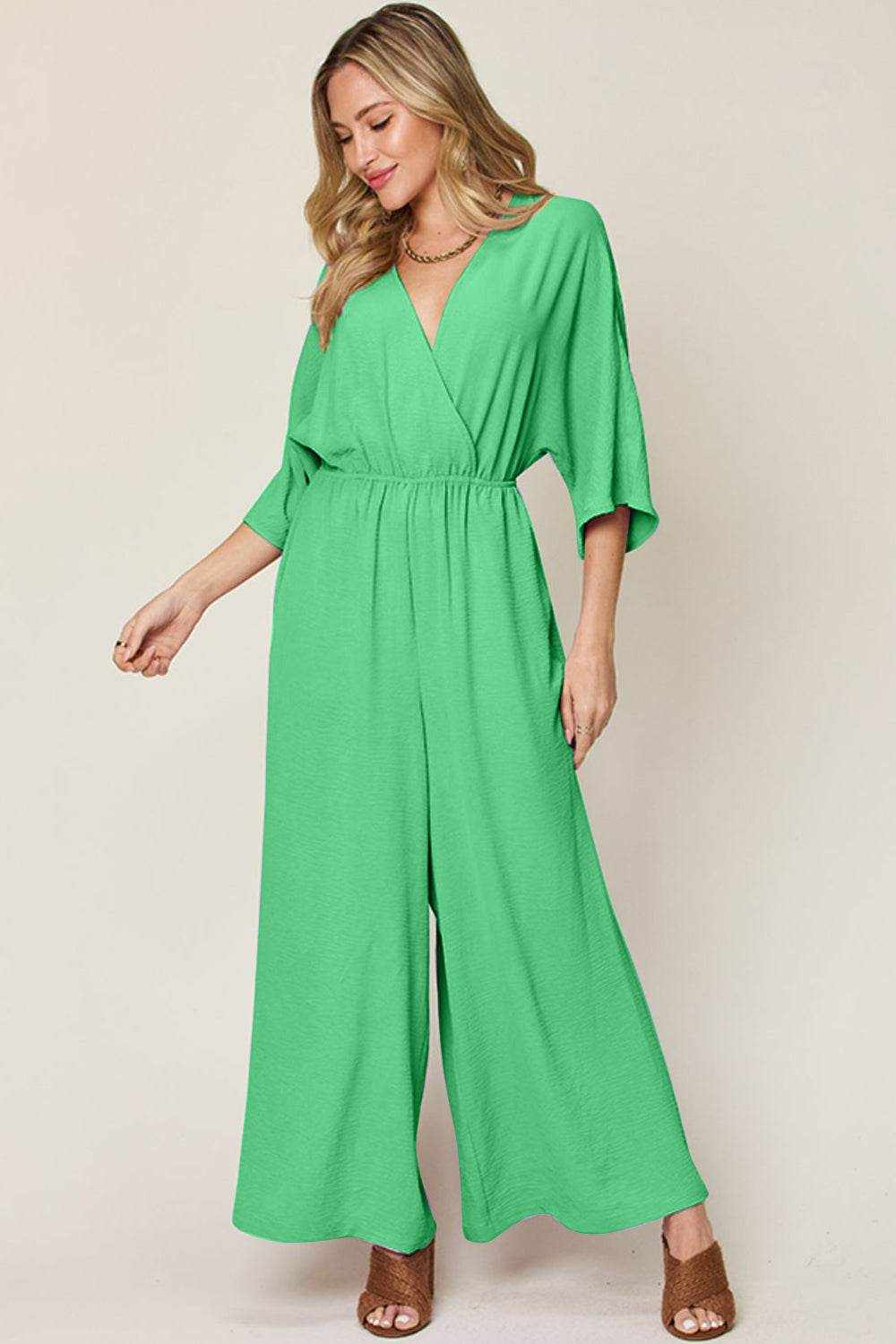 Double Take Full Size Surplice Wide Leg Jumpsuit with Pockets - Purcell's Clothing Company