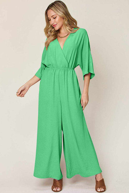Double Take Full Size Surplice Wide Leg Jumpsuit with Pockets - Purcell's Clothing Company