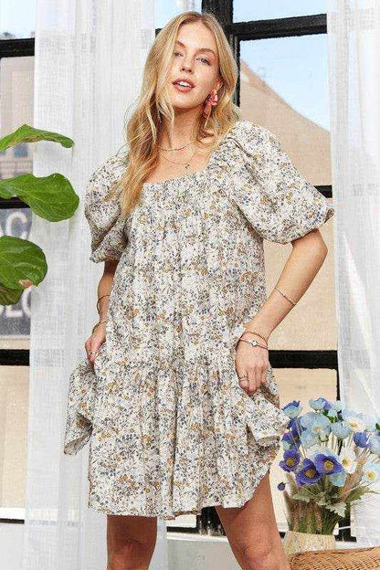 ADORA Floral Square Neck Puff Sleeve Dress - Purcell's Clothing Company