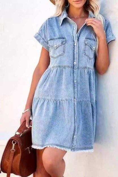 Raw Hem Button Down Denim Mini Dress - Purcell's Clothing Company