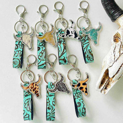 Colored Leather Rhinestone Bull Keychain - Purcell's Clothing Company