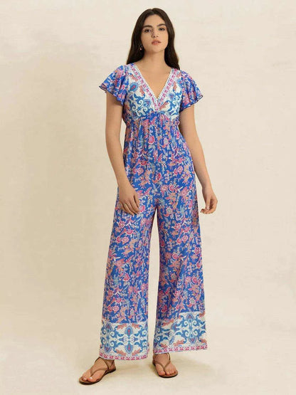 Printed V-Neck Wide Leg Jumpsuit - Purcell's Clothing Company