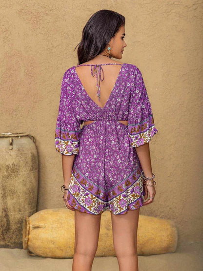 Tied Front Cutout Printed Romper - Purcell's Clothing Company