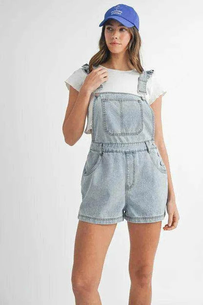 MABLE Square Neck Ruffle Shoulder Denim Overall Romper - Purcell's Clothing Company