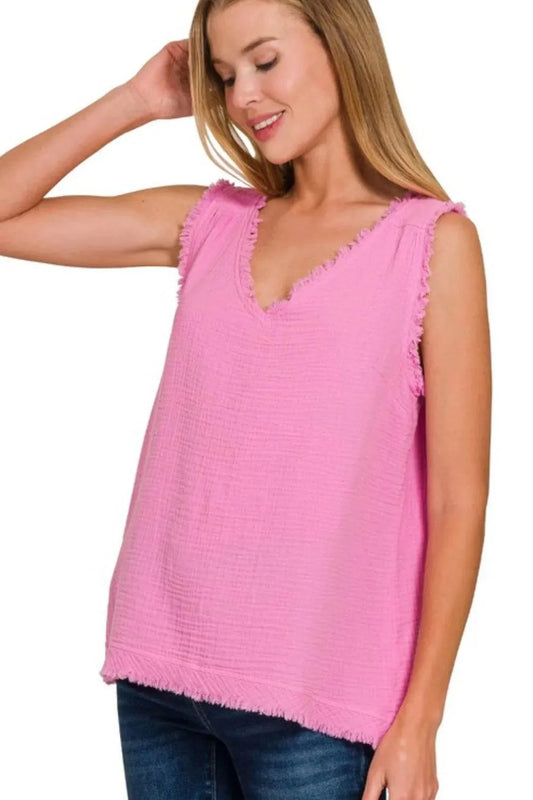 Zenana Double Gauze Raw Edge V-Neck Tank - Purcell's Clothing Company