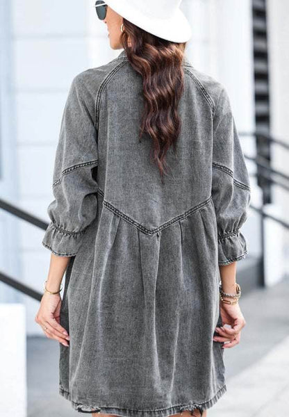 Distressed Collared Neck Flounce Sleeve Denim Dress - Purcell's Clothing Company