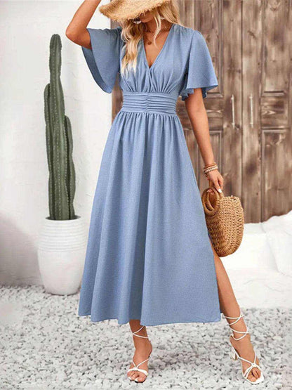 Side Slit Surplice Flutter Sleeve Midi Dress - Purcell's Clothing Company