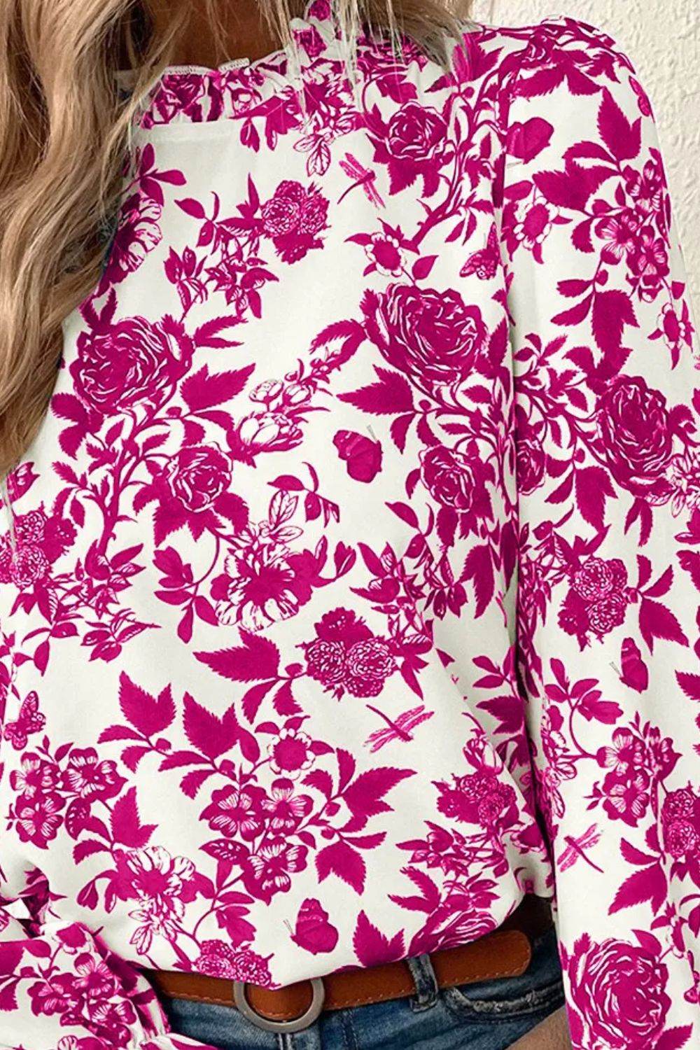 Printed Mock Neck Flounce Sleeve Blouse - Purcell's Clothing Company