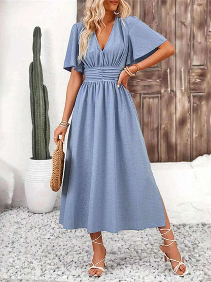 Side Slit Surplice Flutter Sleeve Midi Dress - Purcell's Clothing Company
