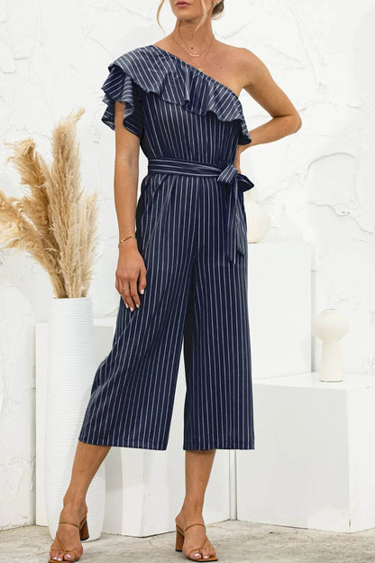Ruffled Single Shoulder Tie Waist Jumpsuit - Purcell's Clothing Company
