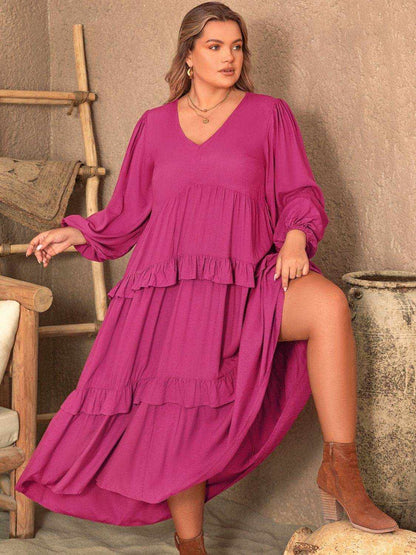 Plus Size Ruffled V-Neck Long Sleeve Dress - Purcell's Clothing Company