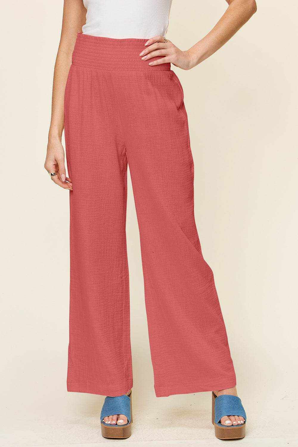 Double Take Full Size Texture Smocked Waist Wide Leg Pants - Purcell's Clothing Company