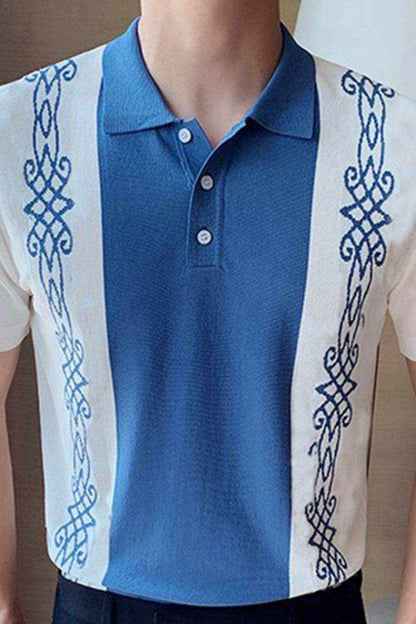 Blue pattern button polo shirt with stretch cotton blend and decorative side designs
