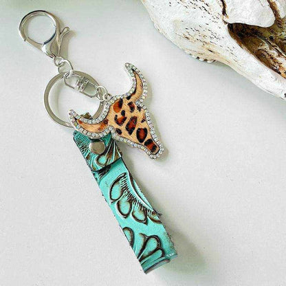 Colored Leather Rhinestone Bull Keychain - Purcell's Clothing Company