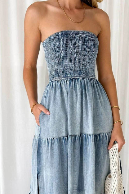 Smocked Tube Slit Tiered Denim Dress - Purcell's Clothing Company