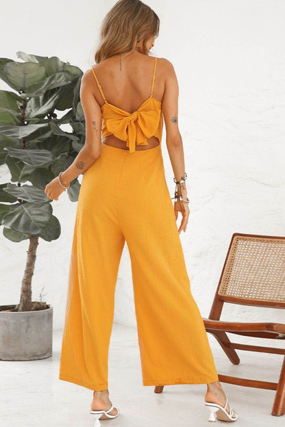 Shiny Cutout Spaghetti Strap Tie Back Wide Leg Jumpsuit - Purcell's Clothing Company