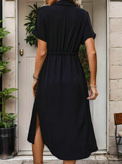 Perfee Slit Drawstring Button Up Short Sleeve Midi Dress - Purcell's Clothing Company