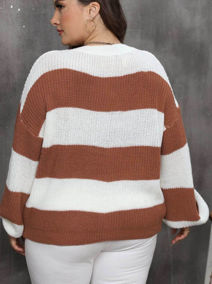Plus Size Striped Round Neck Long Sleeve Sweater - Purcell's Clothing Company