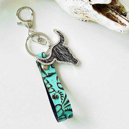 Colored Leather Rhinestone Bull Keychain - Purcell's Clothing Company